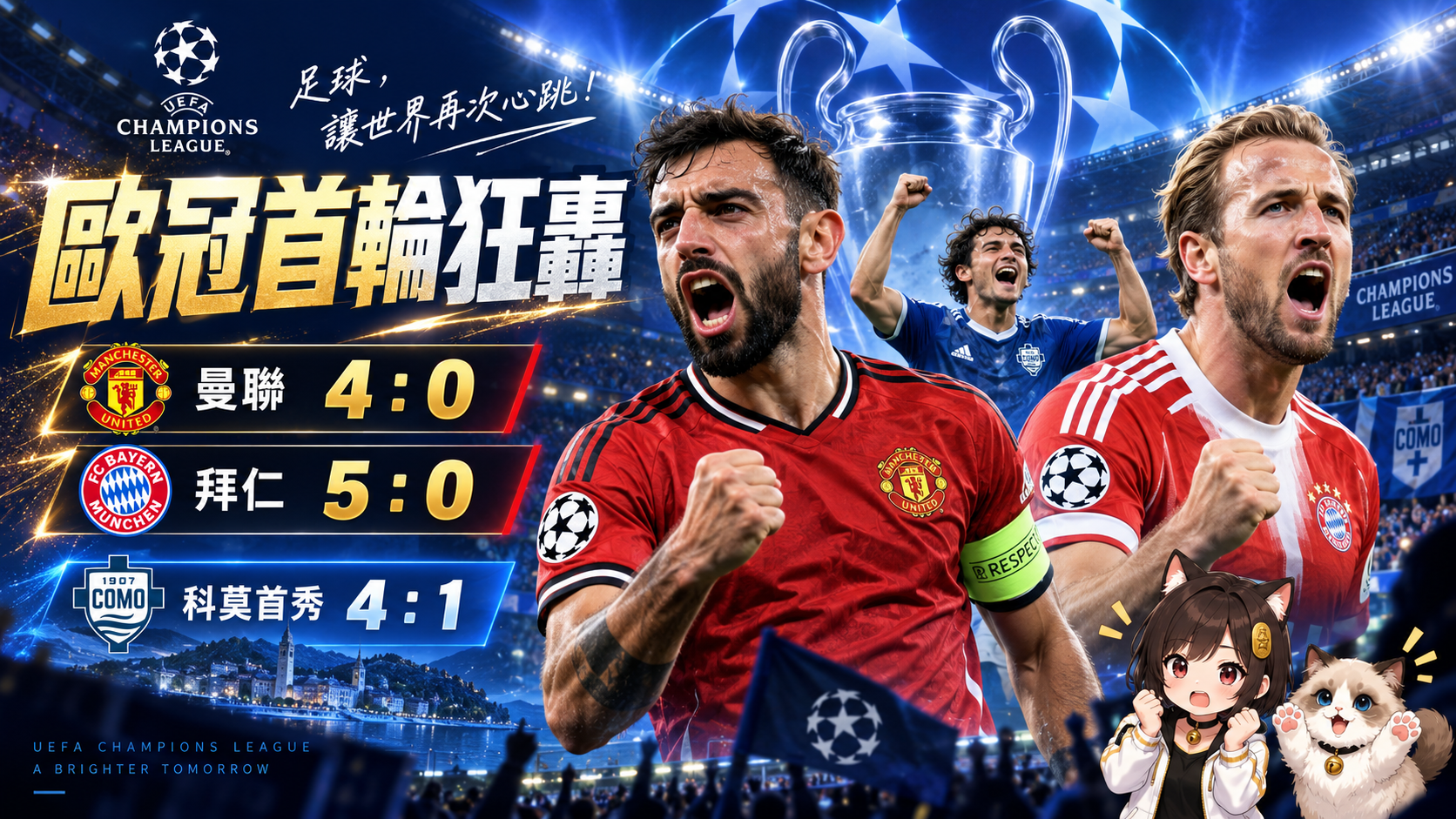 歐冠首輪最後一夜狂轟！曼聯4：0、拜仁5：0　科莫首秀4：1寫歷史