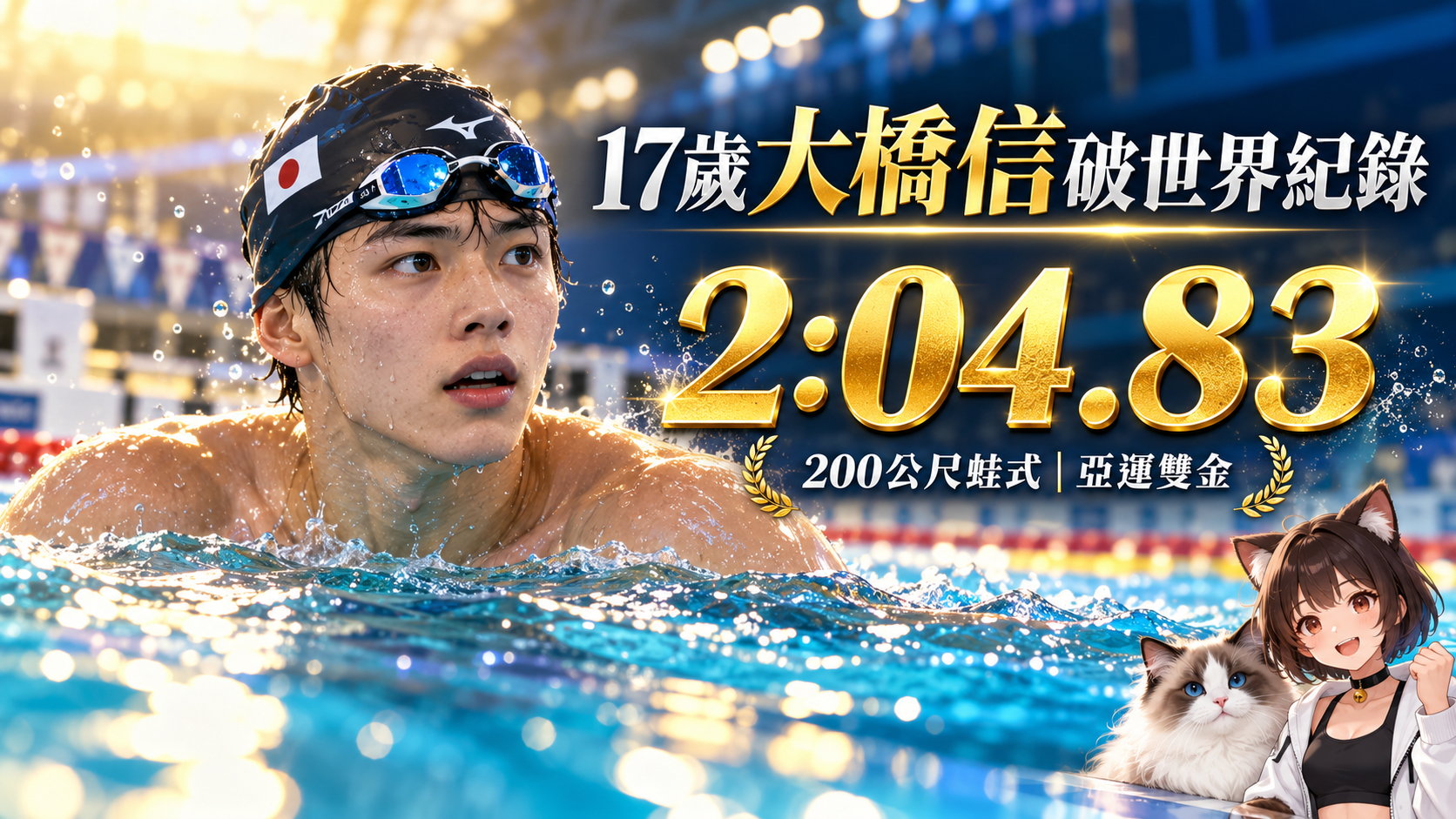 17歲大橋信亞運破世界紀錄！200蛙2分04秒83　包辦蛙式雙金