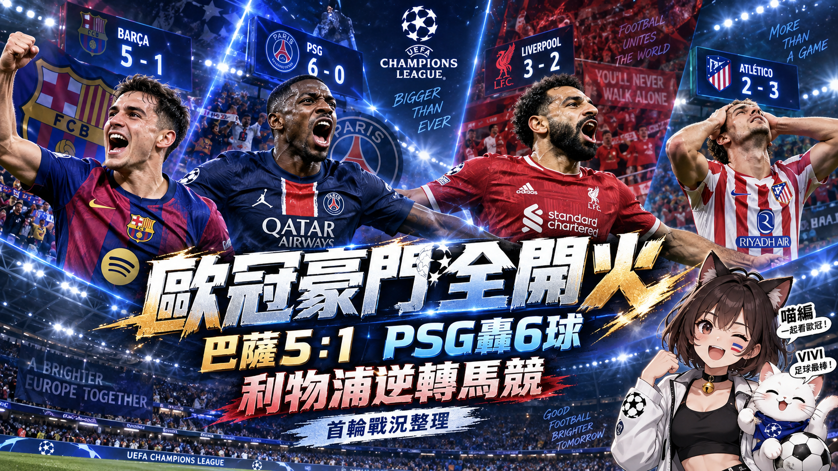 歐冠首輪豪門火力全開！巴薩5：1、PSG 6：1　利物浦2：1逆轉馬競