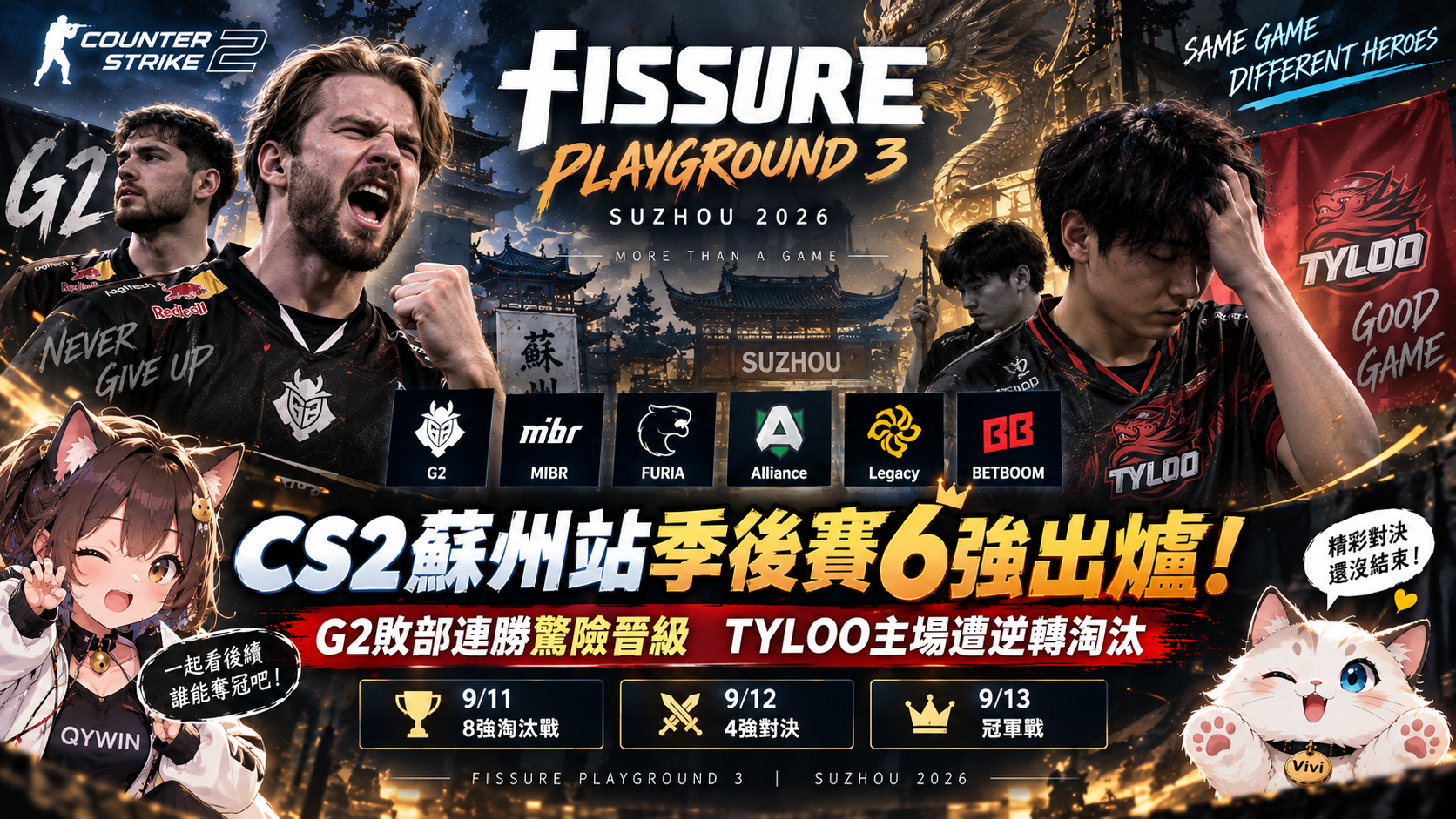 CS2蘇州站季後賽6強出爐！G2敗部連勝驚險晉級　TYLOO主場遭逆轉淘汰