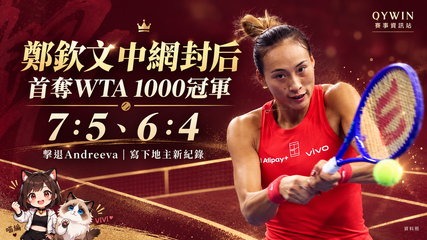 鄭欽文救回3個盤末點封后！7：5、6：4擊退Andreeva，首奪WTA 1000冠軍