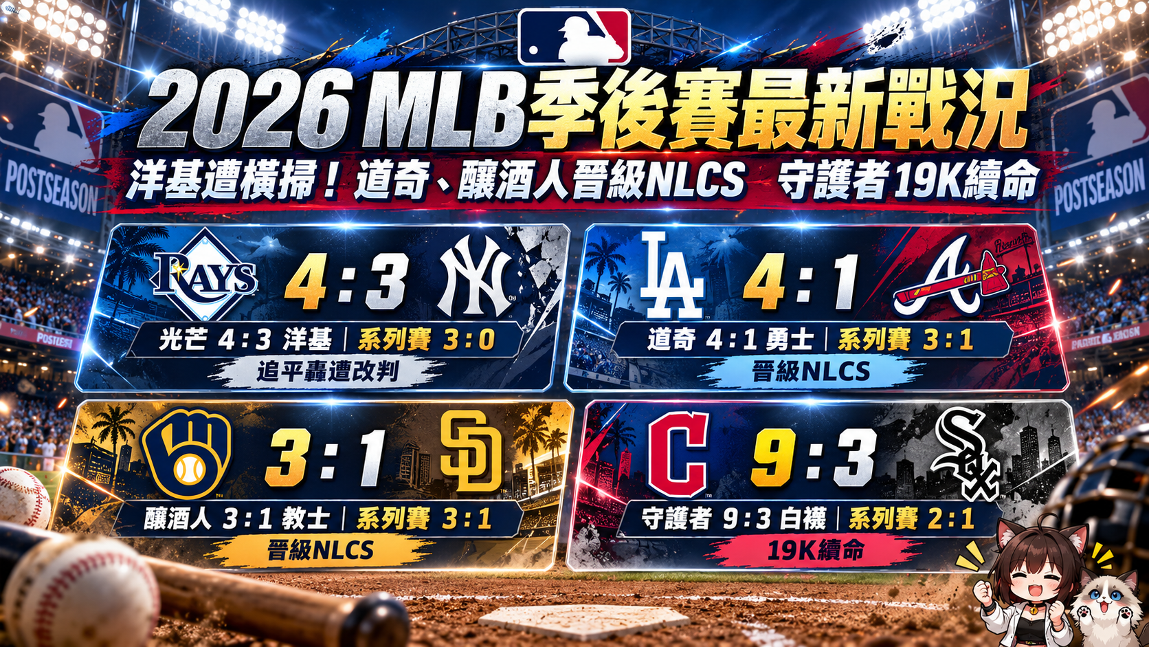 2026 MLB季後賽最新戰況｜洋基遭橫掃！道奇、釀酒人晉級NLCS　守護者19K續命