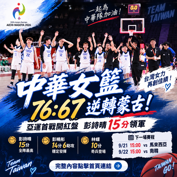 中華女籃76：67逆轉蒙古！亞運首戰開紅盤　彭詩晴15分領軍
