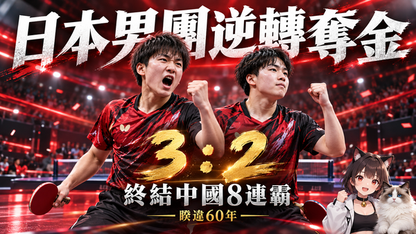 日本桌球男團3：2逆轉中國！張本智和獨拿2點　睽違60年亞運奪金