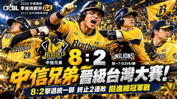 中信兄弟8：2淘汰統一獅！鄭浩均奪MVP、張仁瑋詹子賢雙轟　挺進2026台灣大賽
