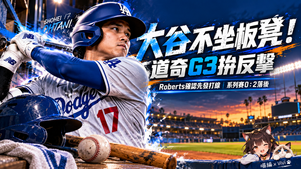 大谷翔平不坐板凳！Roberts確認G3先發，道奇0：2落後仍倚重主砲
