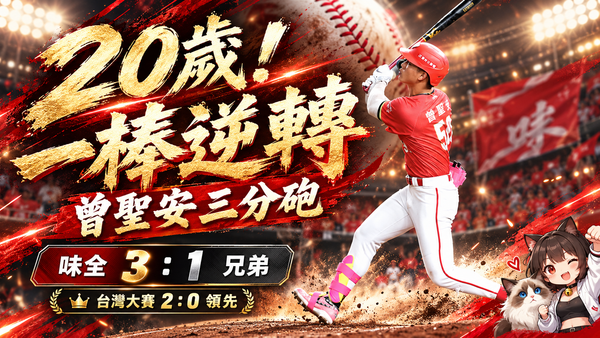 20歲曾聖安三分砲改寫紀錄！味全3：1擊敗兄弟，台灣大賽2：0領先